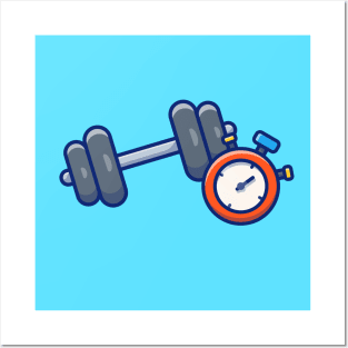 Dumbbell With Stopwatch Cartoon Posters and Art